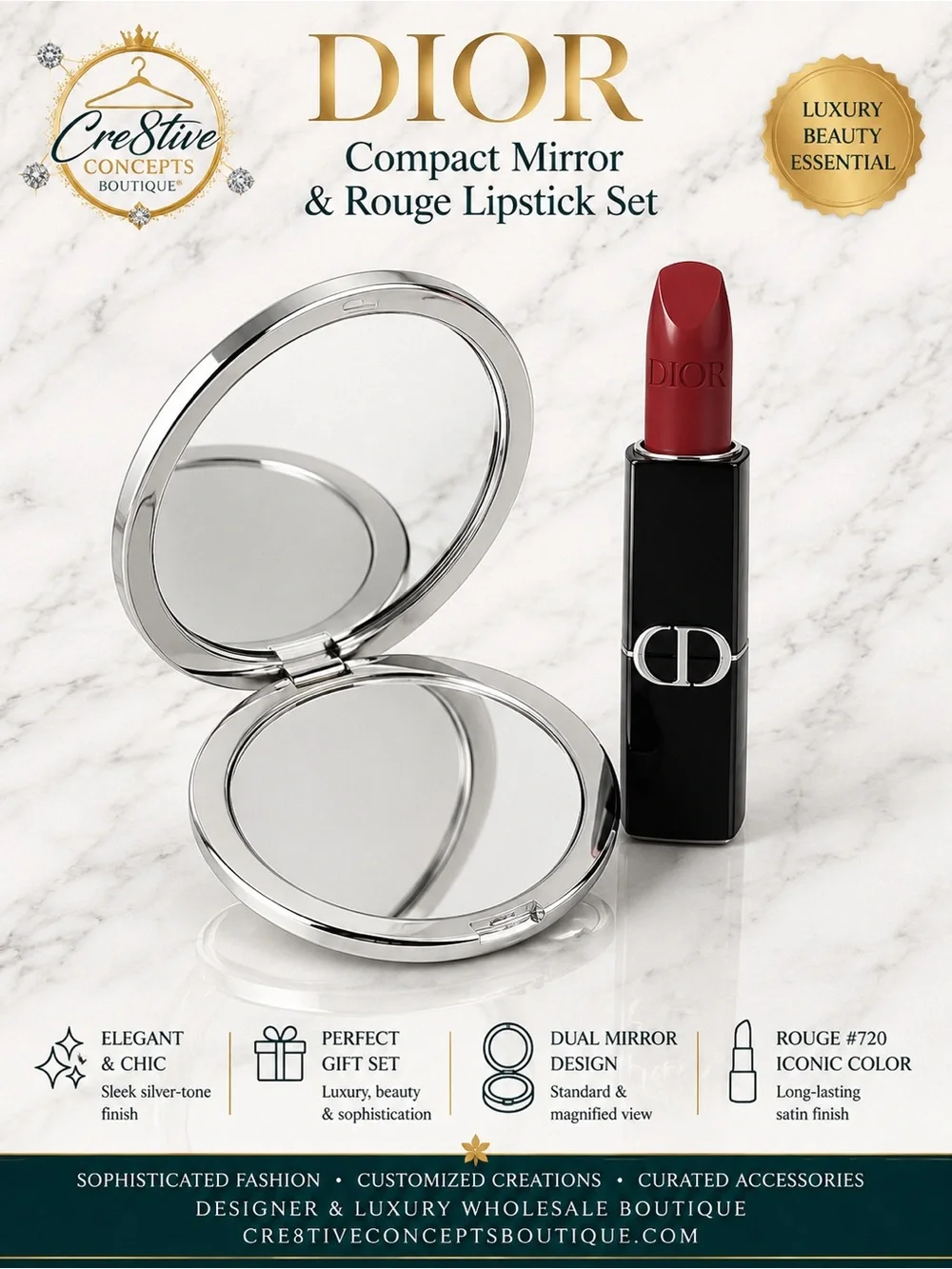 Dior Compact Mirror & Rouge #720 Lipstick Luxury Gift Set